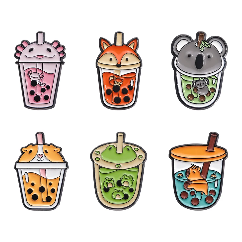 QIHE JEWELRY Dessin animé Animal perle Bobo lait thé émail broche mignon hippopotame renard grenouille chien tasse broches revers sac à dos Badges bijoux broche en gros 3