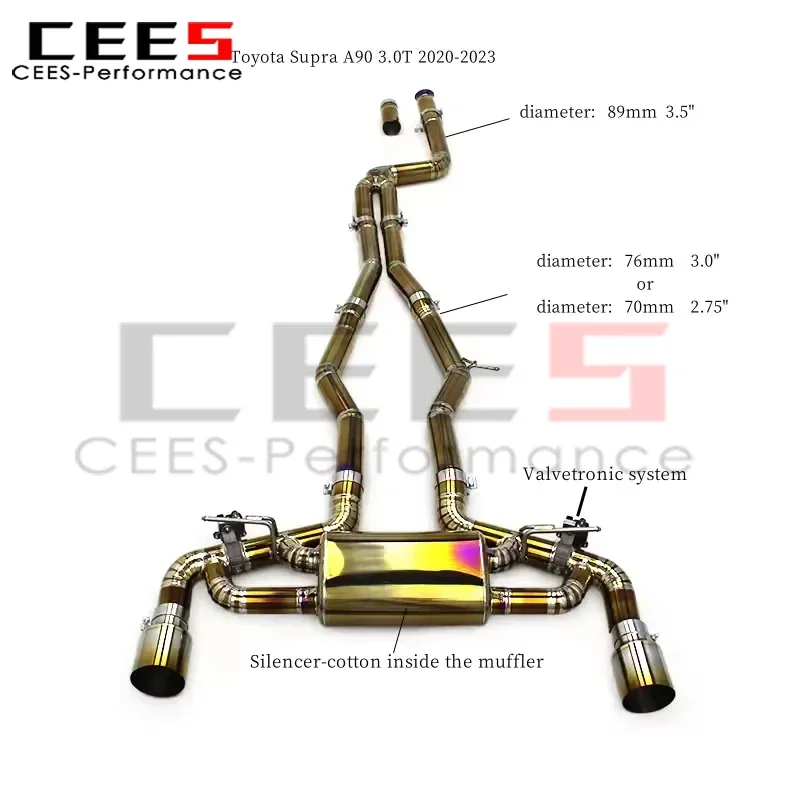 نظام عادم أنبوب التيتانيوم مقاس 3.5 بوصة من cees لسيارة Toyota Supra A90 3.0T 2020-2023 كاتم صوت رياضي صمام مع جهاز تحكم عن بعد