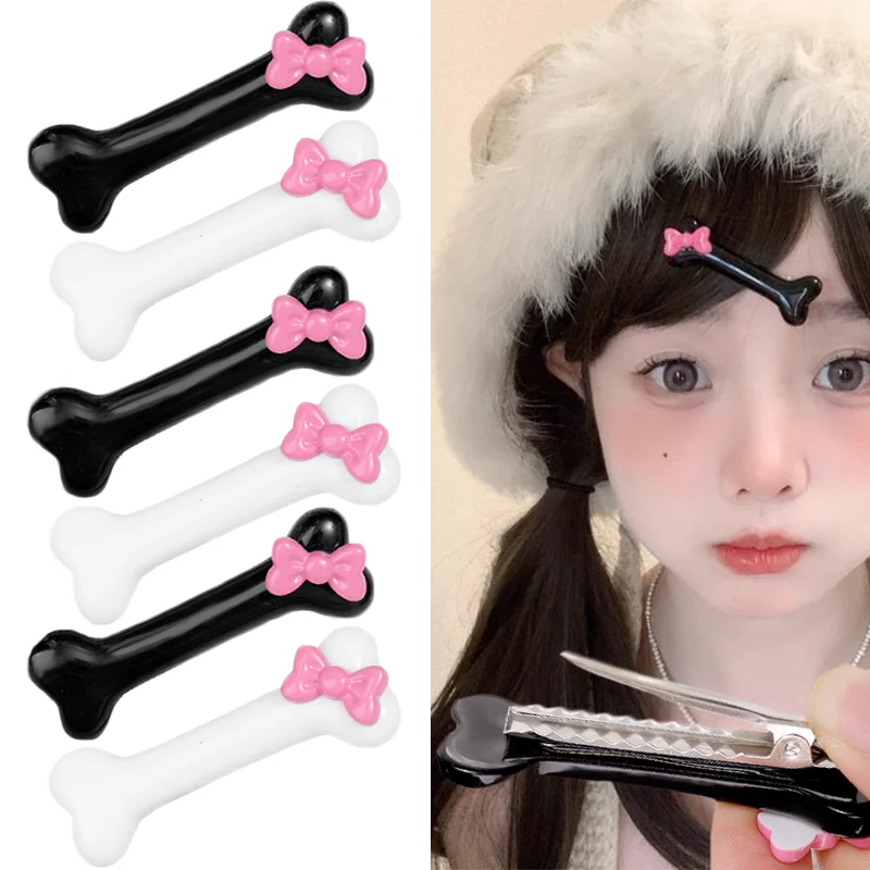 New Dog Bone Hair Clips Pink Bow Hairpins Gothic Style Black White Bone Hairclips Lovely Barrette Girls Charms Party Accessories