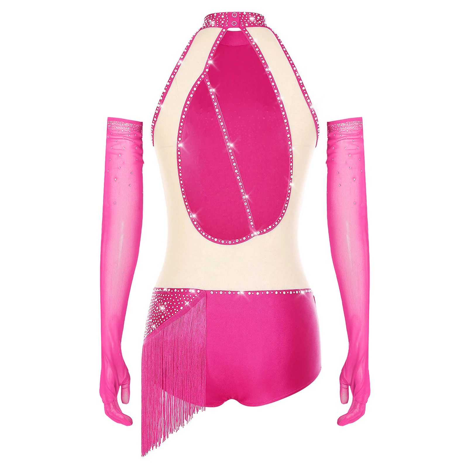 Vestido de leotardo de baile de patinaje artístico para mujer, traje de actuación de Tango latino Cha-cha Samba, mono con diamantes de imitación y conjuntos de guantes