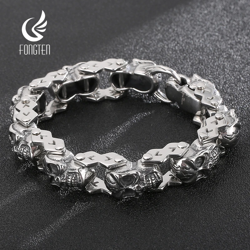 

Fongten 22cm Skull Bracelet For Men Stainless Steel Chain Charm Men Skeleton Bracelets Bangle Gothic Silver Color Jewelry