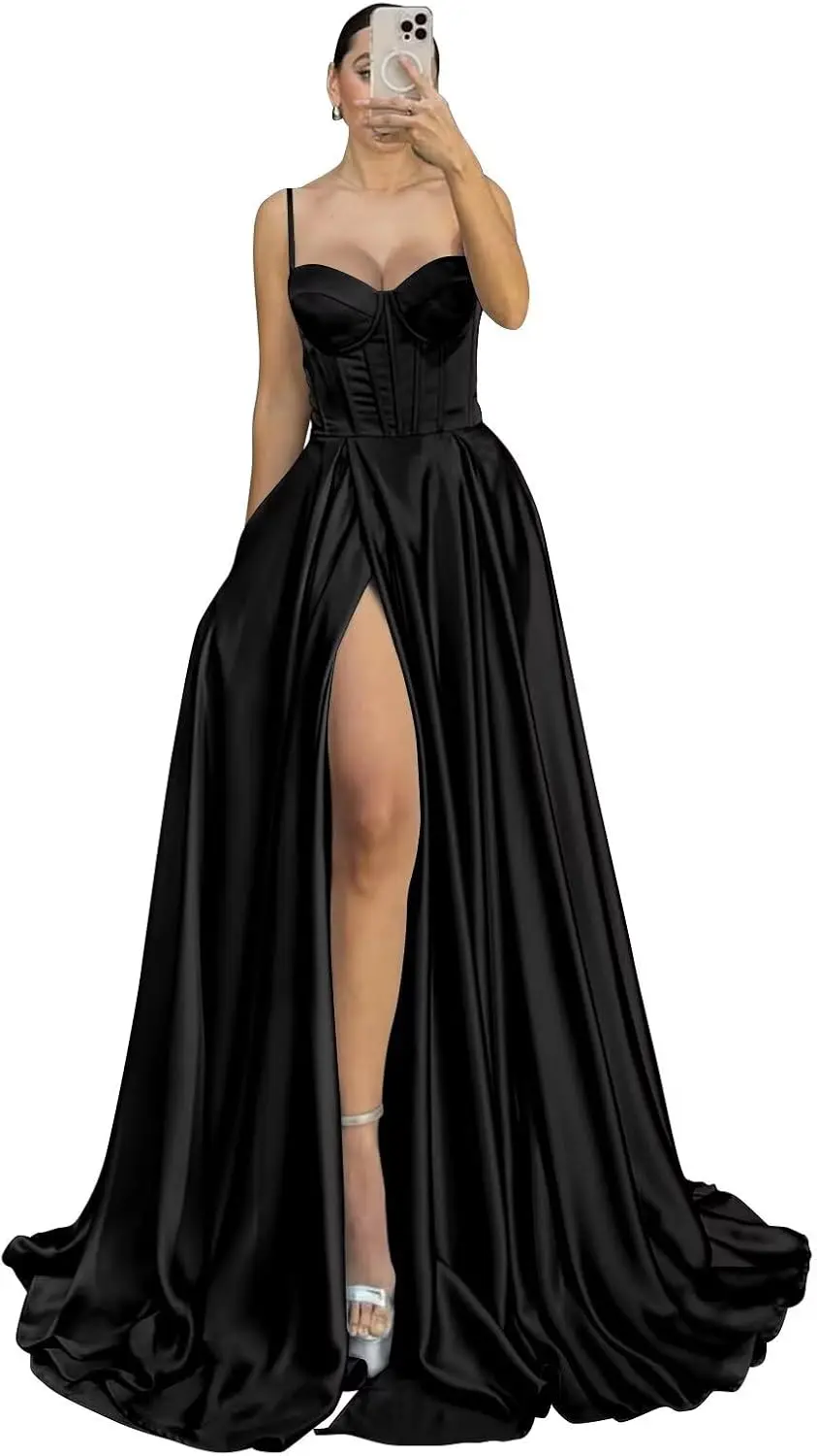 

Satin Prom Dresses 2026 Spaghetti Straps Sweetheart Evening Gown for Women Formal Long Ball Gown Party Dress Elegant
