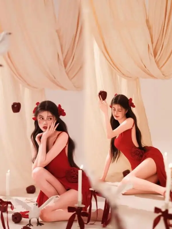 

Red Atmosphere Dress Photography Studio New Style Sweet Style Photography Photoshoot Costume Traditional Chinese Stage Costume