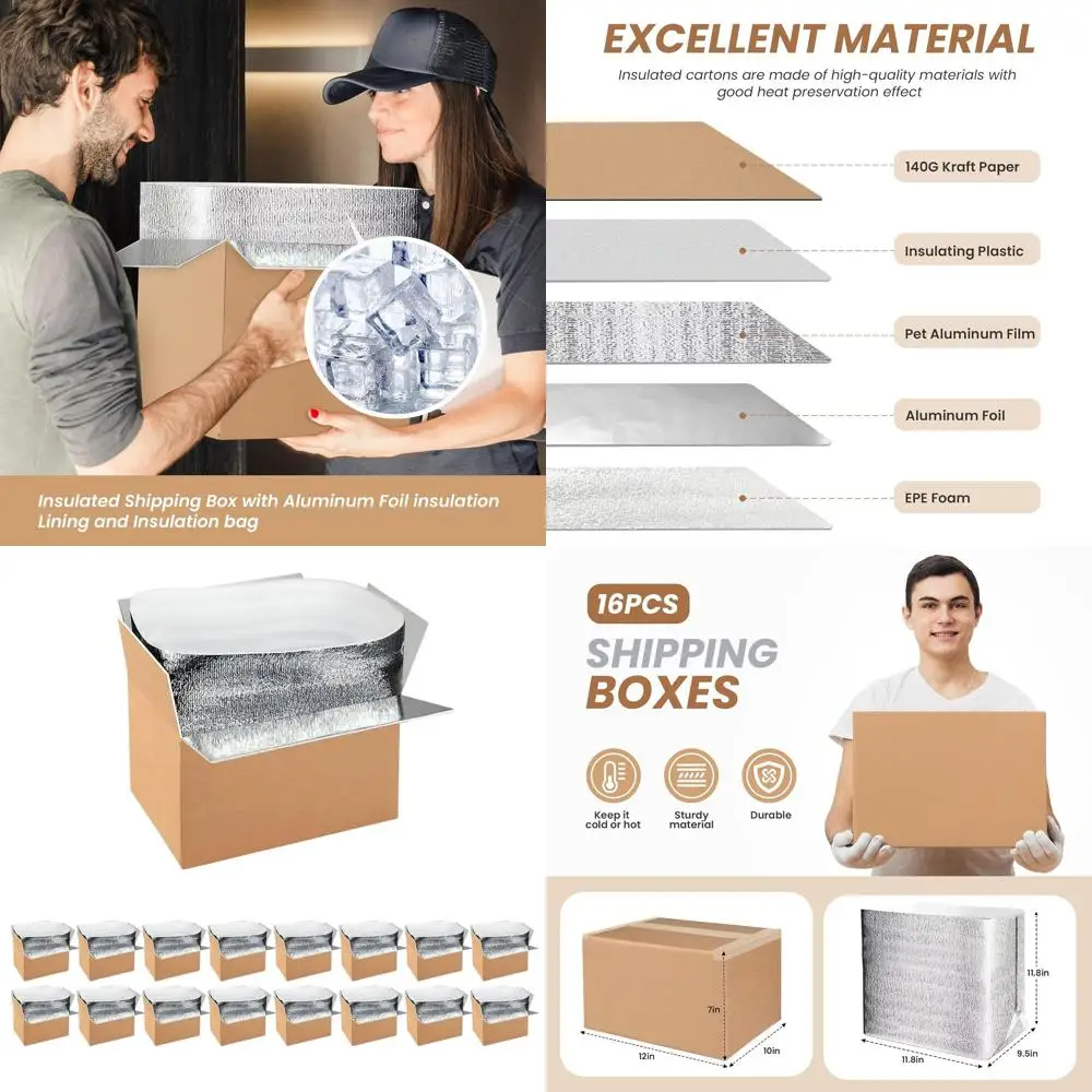 Pacote com 16 Caixas de Envio Isoladas Reutilizáveis com Forro de Óleo para Itens Frios ou Congelados, 12x10x7 Polegadas