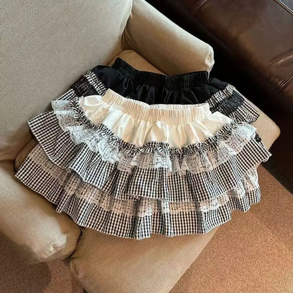 

Lolita Lace Grid Cake Skirt High Waist Ruffle JK A-line Short Skirt with Safety Pants Multi-layer Lace Pleated Mini Skirts Girls