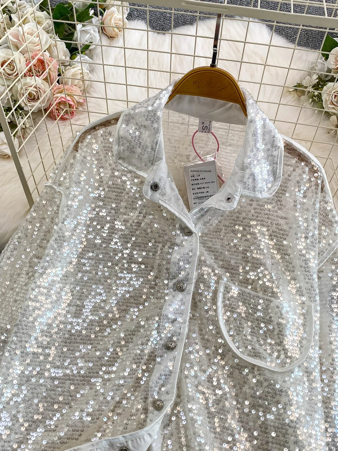 เสื้อคลุมกันแดดผู้หญิงทรงหลวมแบบมีกลิตเตอร์ แขนยาว โปร่งใส มองทะลุได้ คอตั้ง