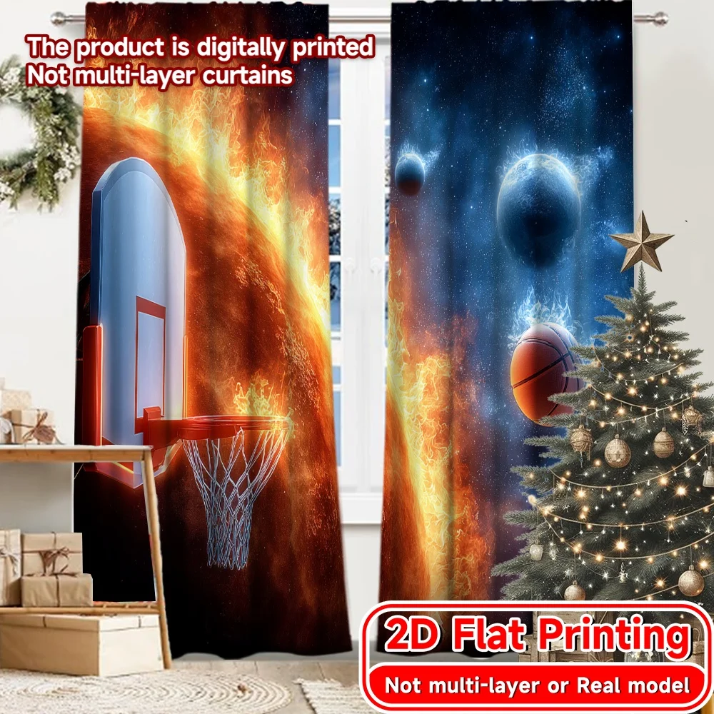 2D FLAT PRINTING 2pcs Curtains (Without Rod) Dynamic Basketball Universe Modern Fashionable Curtainments during the Ramadan