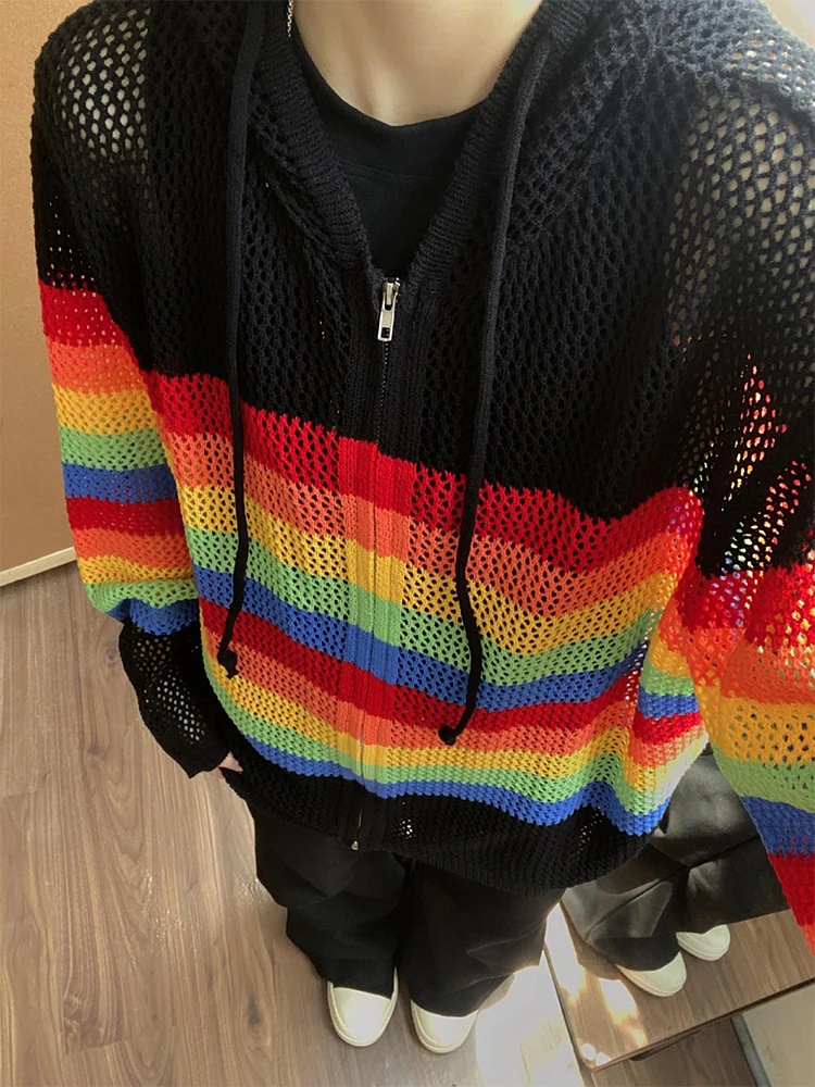 Streetwear Hollow Out Mesh Knit Hooded Jacket Men Trendy Rainbow Striped Patchwork Mesh Cardigans Mens Loose Hoodie Coat Jackets