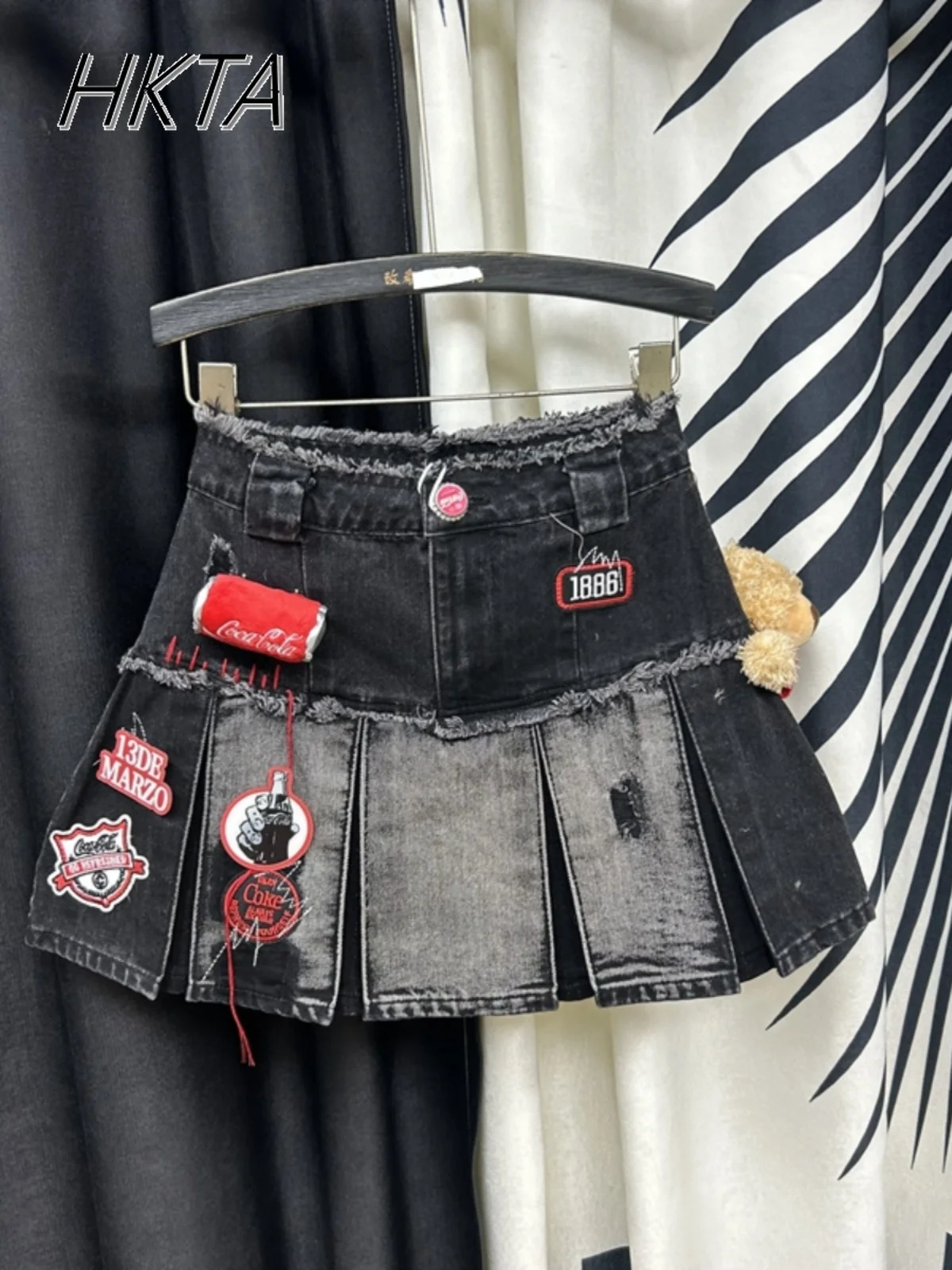 

Lolita Black Gray Color Matching Mini Skirt Women Summer Thin Rough Edge Denim Skirt Ladies Thin Pleated A Line Short Skirts
