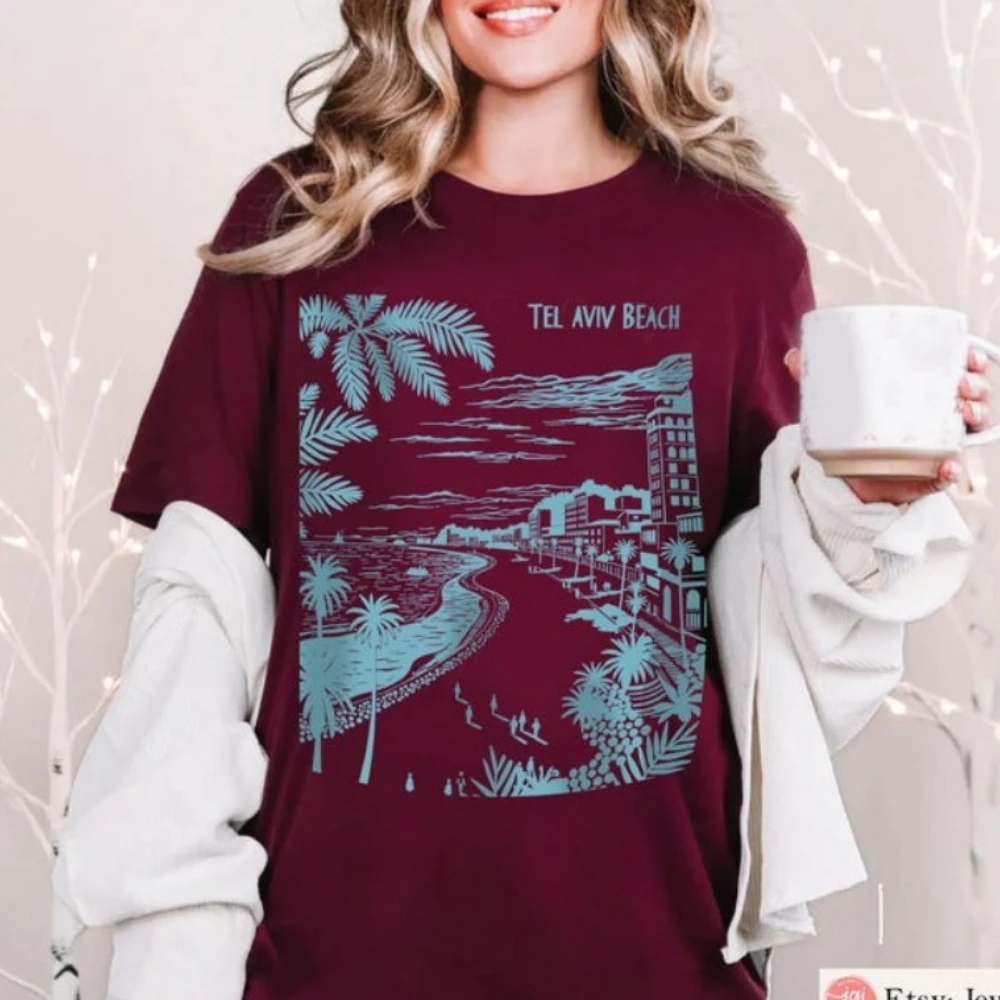 Tel Aviv Beach Shirt Israel T-Shirt Am Yisrael Chai Tee Jewish Gift Boho Hebrew Shirt Zion Tees Holy Land Palm Tree Beach Shirt
