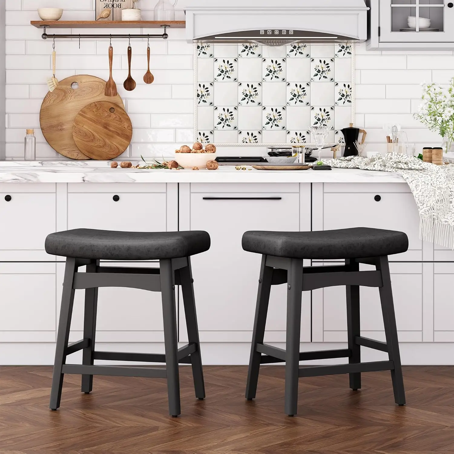 

Black Bar Stools Set of 2, Solid Wood Saddle Kitchen Island Stools with PU Leather Cushion Backless Counter Height Barstools wit