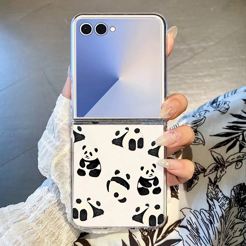 Niedliche Pandas-Muster, transparent, faltbar, Handyhülle für Samsung Galaxy Z Flip 7, 6, 5, 4, 3, harte Rückseite für Samsung Z Flip4, Flip6