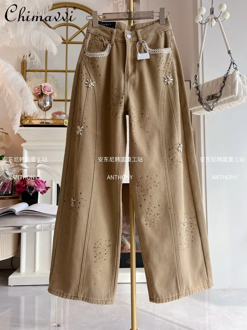 سراويل أبي سميكة مبطنة بالصوف للنساء ملابس شتوية 2025 جينز ريترو جديد ثقيل من حجر الراين عالي الخصر للتخسيس