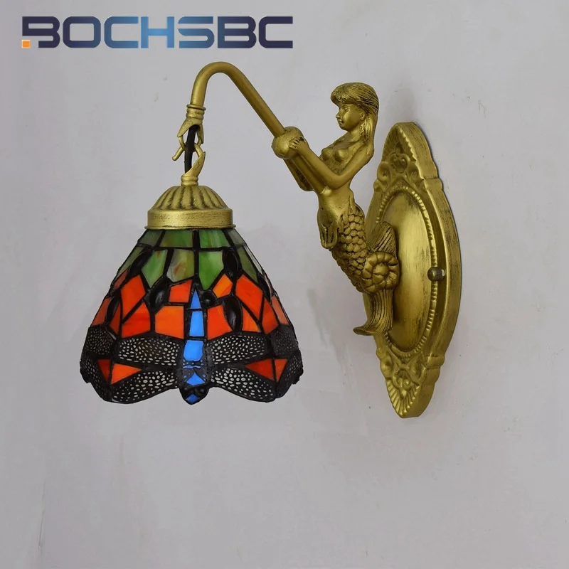 BOCHSBC Tiffany style stained glass vintage red dragonfly mermaid wall lamp Dining room bedroom bed aisle balcony LED decor