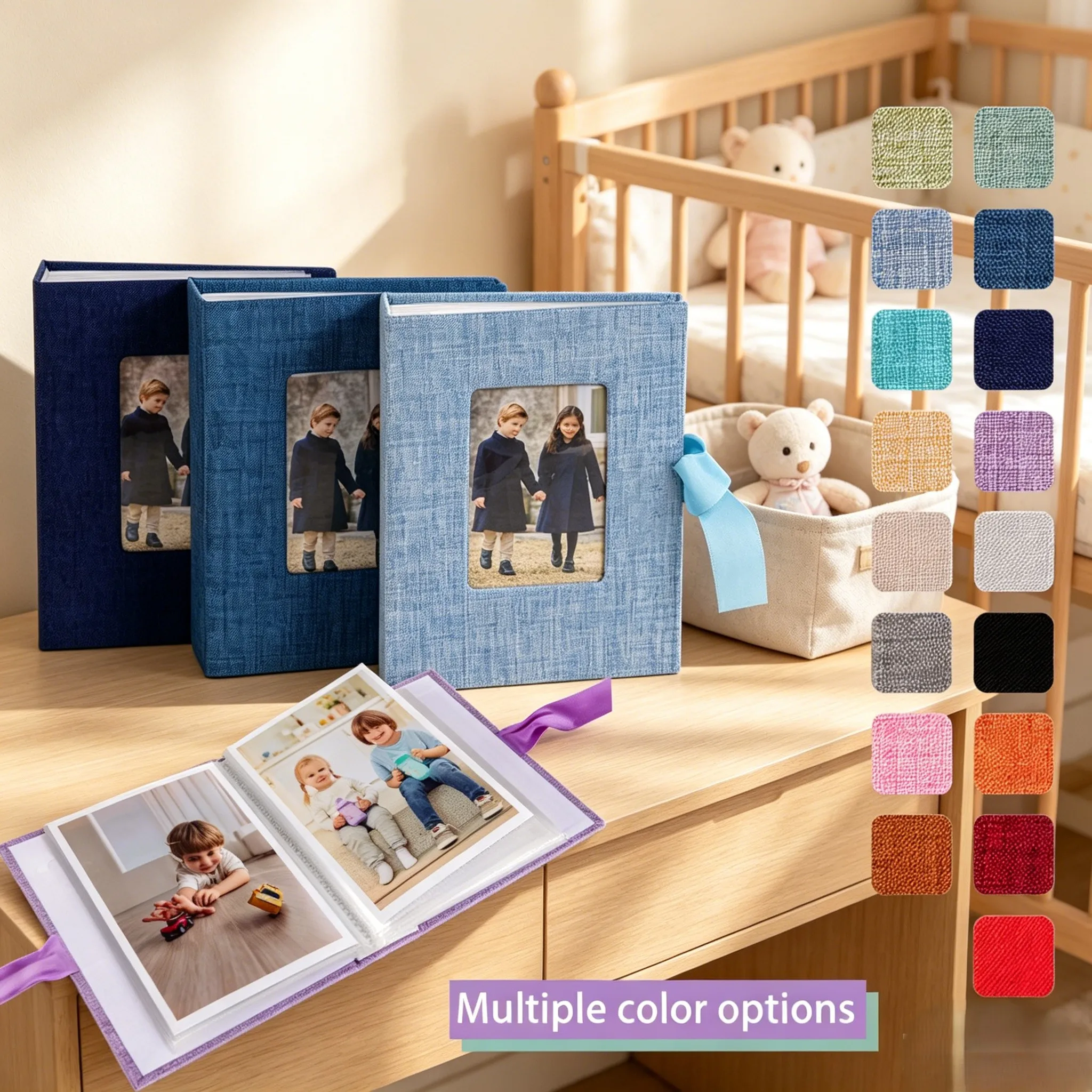 Linen Fabric Photo Album Holds 100pcs 6 Inch Photos,Front Display Window&Decorative Ribbon Tie,for Family,Baby Growth,Wedding