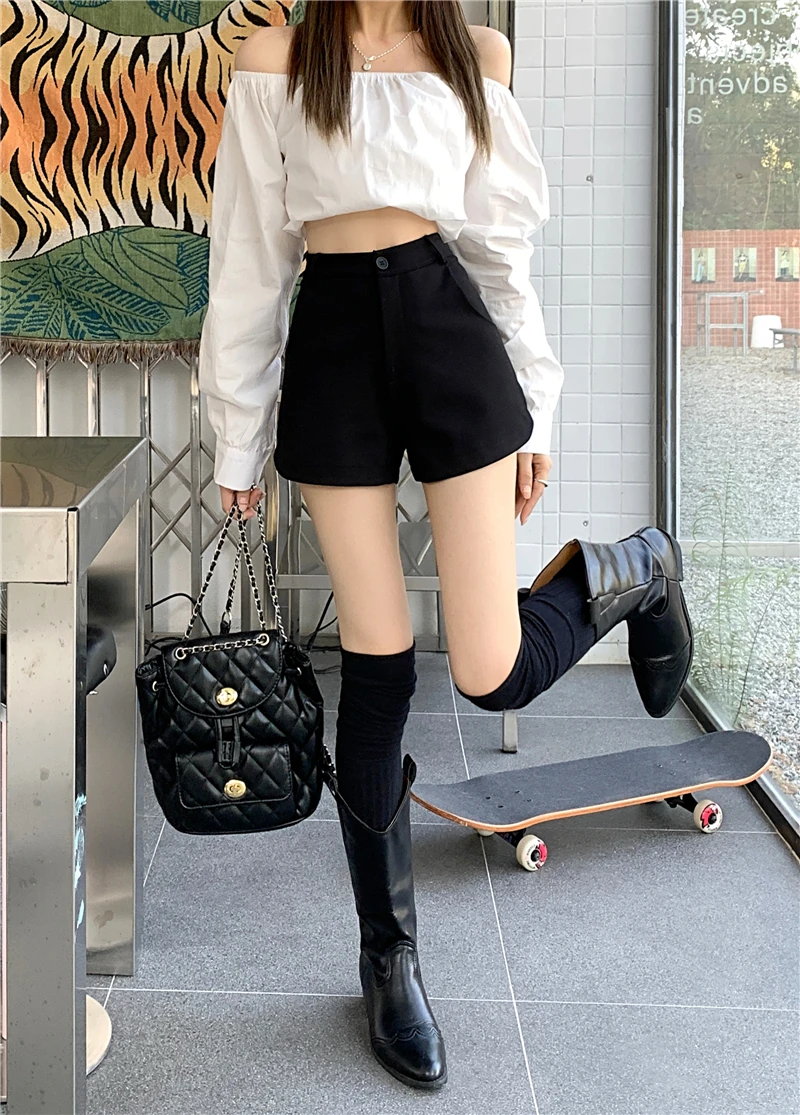 กางเกงขาสั้นเอวสูงผ้ายืดทรงตรงสำหรับผู้หญิง สไตล์ลำลอง แฟชั่น ทันสมัย เหมาะสำหรับใส่ทำงาน ดีไซน์ไม่สมมาตร ไซส์พลัส