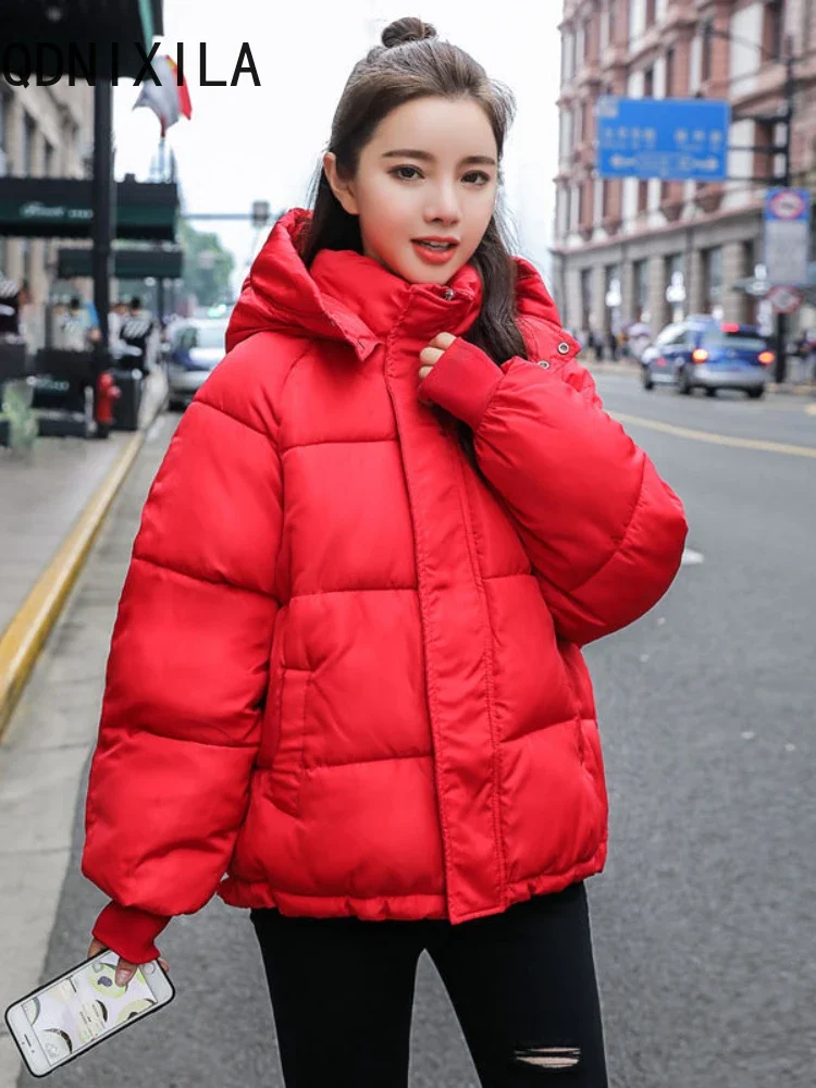 Winter Jacket Women Korean Fashion Hoodie Parkas Solid Color Casual Puffer Jacket Black Coat Women's Long Sleeve Top New Jacket