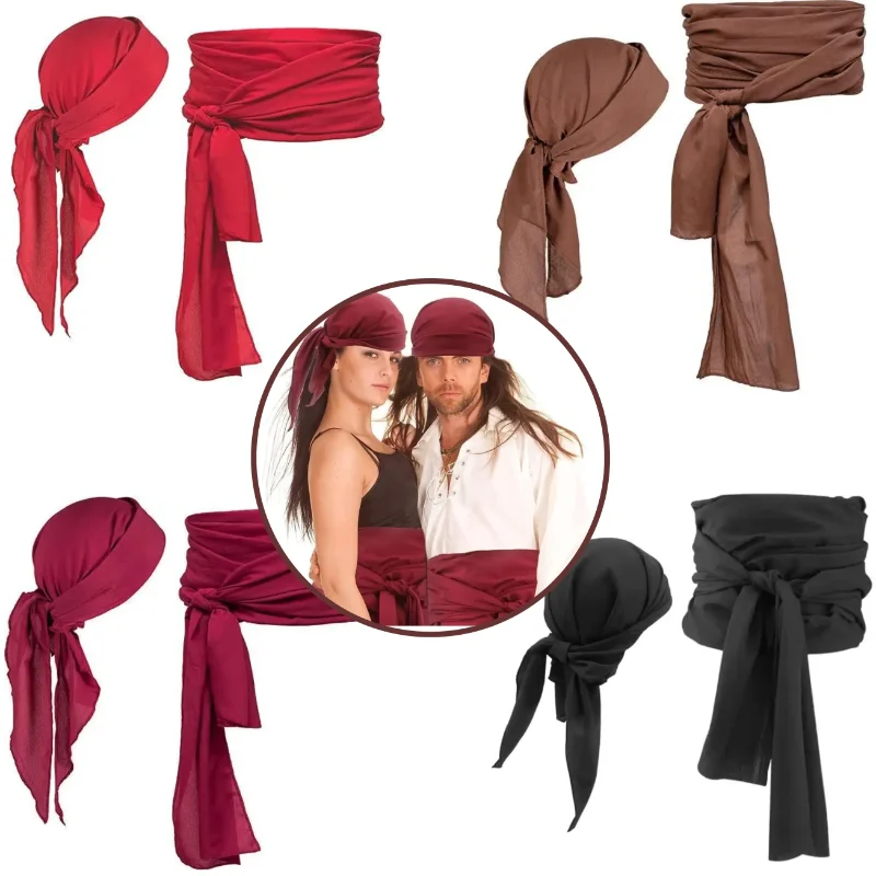 Uni Pirate Headwrap Long Tail Durag Turban Headscarf Bandana Headwear and Belt Suit For Halloween Cosplay Medieval Accessorie