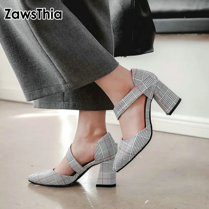 ZawsThia plaid checked houndstooth pattern block high heels for woman buckle strap mary janes shoes women pumps size 44 45 46