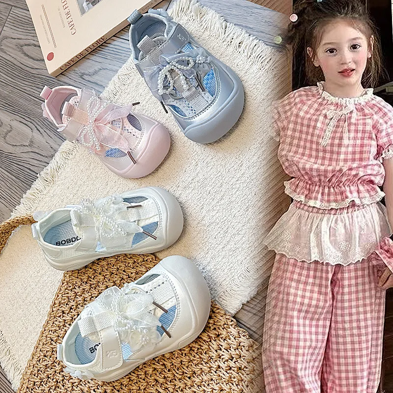 Girls Sports Sandals Sweet Beading Bows Kids Princess Sandals Toes Capped 2026 Summer New Children Casual Shoes Non-slip