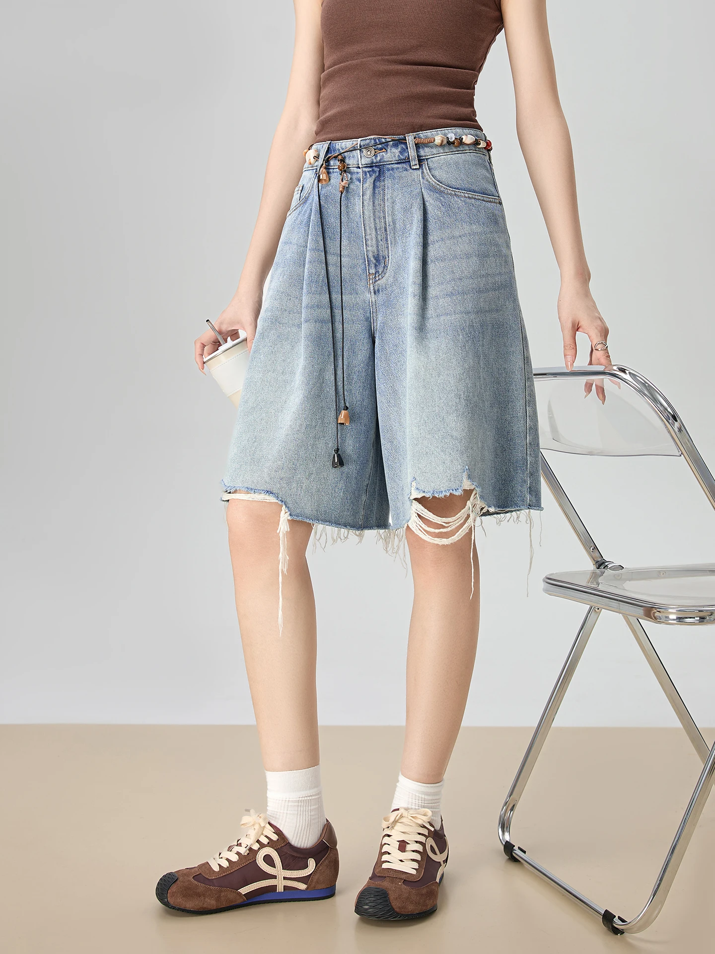 

Loose Summer Blue Denim orts Women's Lightweight Bf Lazy Sle Wide Leg Pants High Waist Casual Zipper ket
