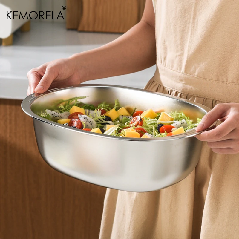 Bol de ensalada de acero inoxidable 304, forma ovalada de huevo, apto para preparar ensaladas de frutas y encurtidos en la cocina, colador de arroz