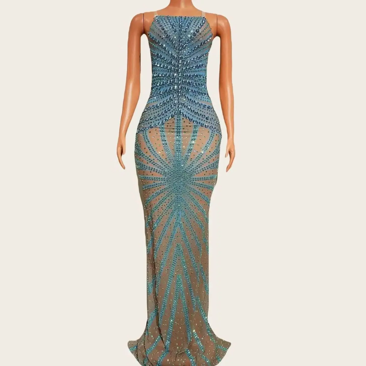 Hexi bleu cristaux scintillants voir à travers maille robe longue discothèque fête Sexy robe de soirée élégante robe de bal de luxe robe de bal