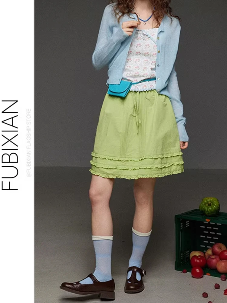 Korean Style Green Retro Heavy Embellished Ruffle A-Line  Skirt High Waist Slimming Umbrella Skirt Cute Style Cotton Fabric