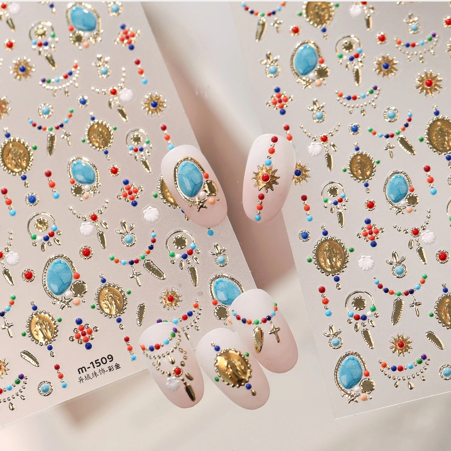 Antique Gem Round Blue Turquoise Color Bead Chain Sun Star Retro Human Figure Cross Shell 5D Nail Stickers Self Adhesive Decor