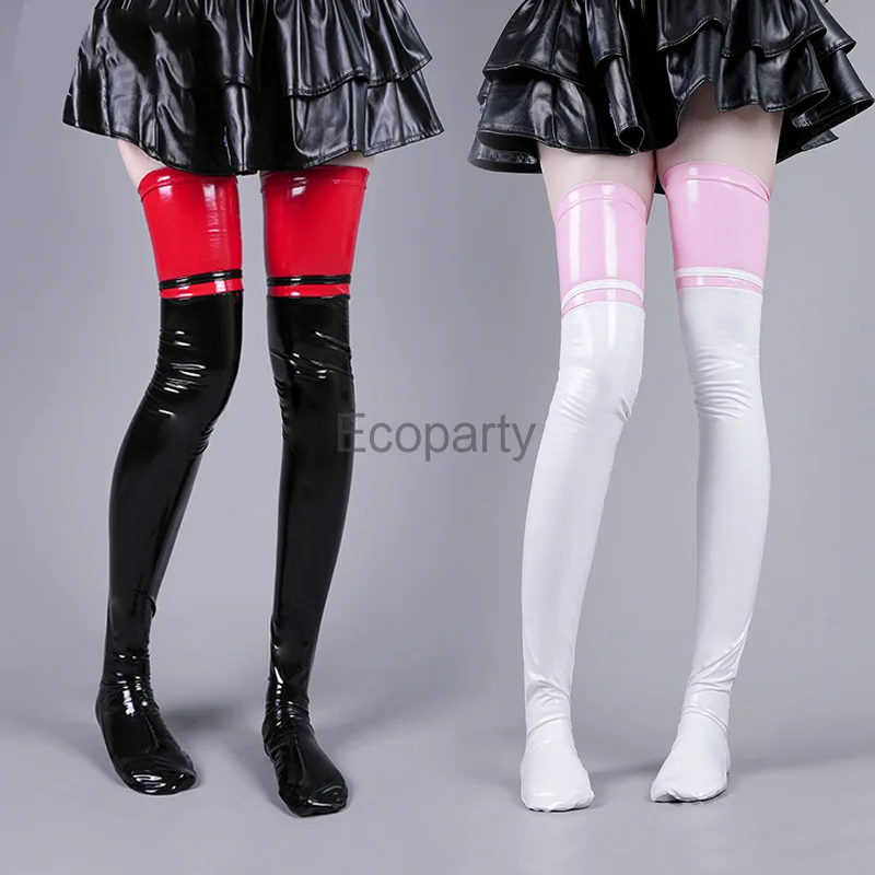 New Women Shiny Faux Leather Thigh-High Socks Black Bright Over Knee Stockings Anime Cosplay Costume Accessory