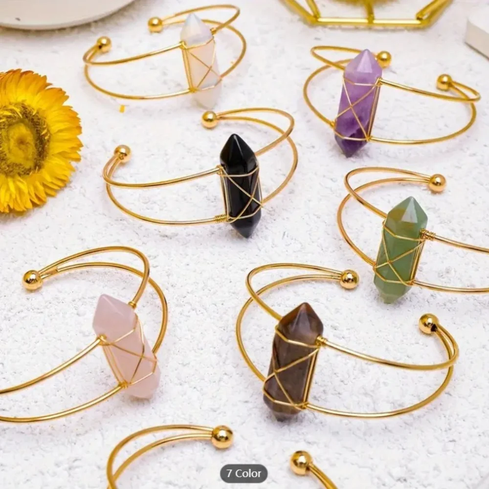 1PC Natural Crystal Point Cuff Bangle Gold Wire Wrapped Hexagonal Prism Stone Open Bracelet Boho Healing Gemstone Jewelry