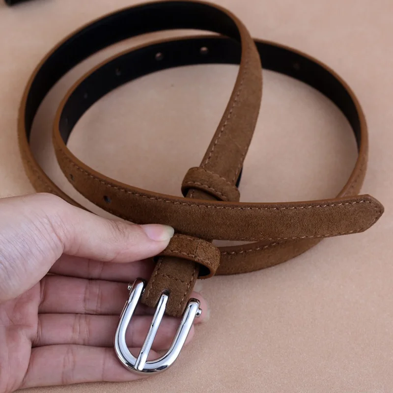 New Suede Cowhide Women Belt Retro Gold Buckle Skinny Belts Adjustable Casual Pants Genuine Leather Belt Decorative Dress