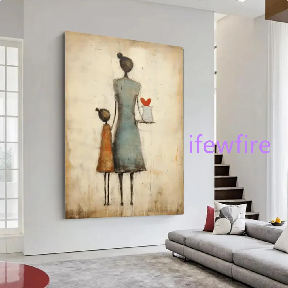 peinture-a-l'huile-abstraite-100-faite-a-la-main-sur-toile-tableau-mural-intime-representant-une-mere-et-sa-fille-pour-la-decoration-du-salon