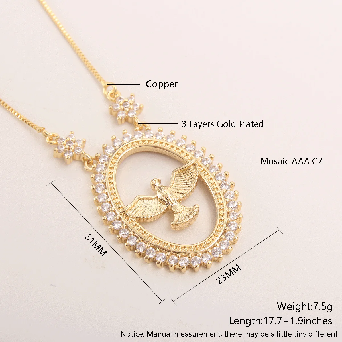 MHS.SUN Halskette mit religiösem Heiliger-Geist-Vogel-Anhänger, rund, hohl, Mosaik, kubischer Zirkon, Halsketten für Damen und Herren, zarter Schmuck – Detail 13