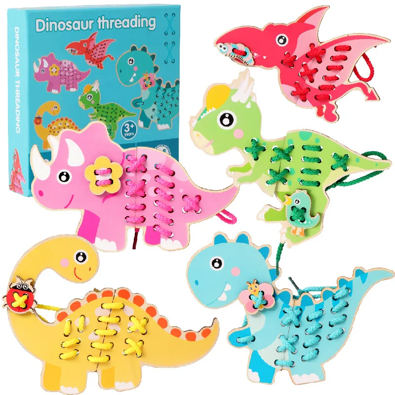 Threading Toy Wooden Puzzle Gift Montessori Handmade Dinosaur Sewing Early Education Sports Finger Life Skills 1-4 Years Childre