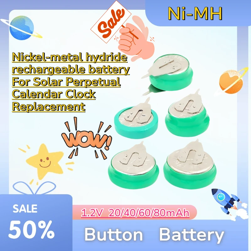 Button Type Ni-MH Rechargeable Battery 1.2V 20 40 60 80mAh, Round NiMH Cell for Solar Perpetual Calendar Clock Replacement