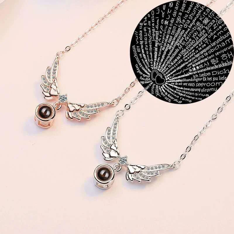 Angel Wings Necklace With Rose Gift Box 100 Languages I Love You Projection Pendant Jewelry 2023 Romantic Accessories Wholesale