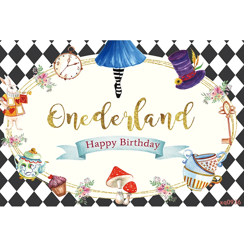 不思議の国のアリス写真の背景、誕生日パーティーの背景、写真スタジオ、デザートテーブルバナー、女の子の午後のお茶