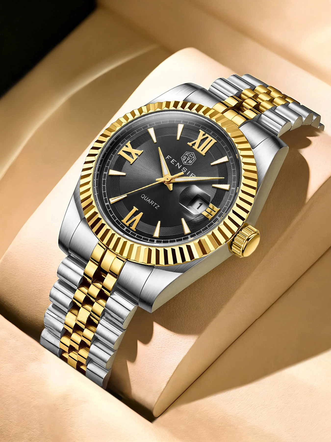 High-End Replica Men's Quartz Wristwatch with Five-Link Chain Strap, Simple Calendar, Luminous, Waterproof Watch for Business, Casual, Party, and Daily Wear, Suitable as a Gift for Men