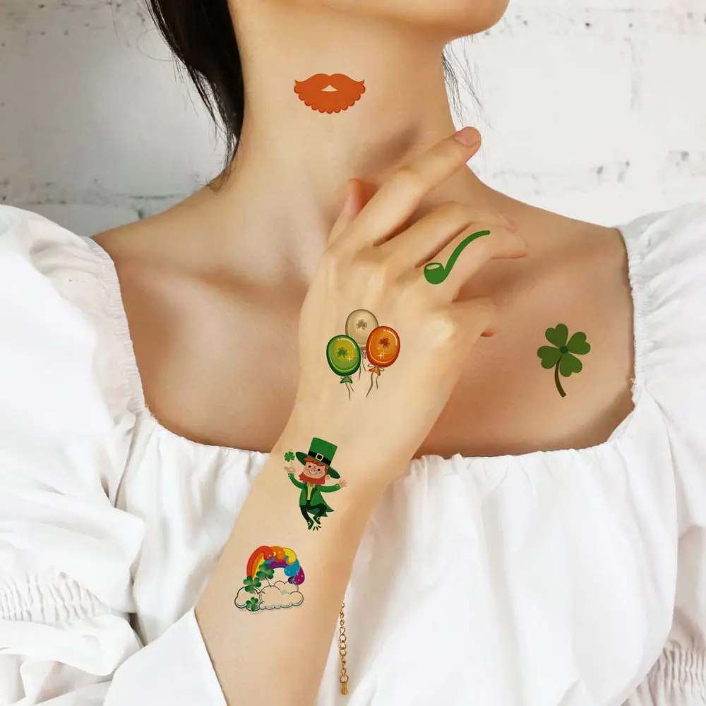 10pcs St. Patrick's Day Tattoo Stickers Green Clover Four Leaf Hat Pattern Body Stickers For Fake Tattoo Stickers