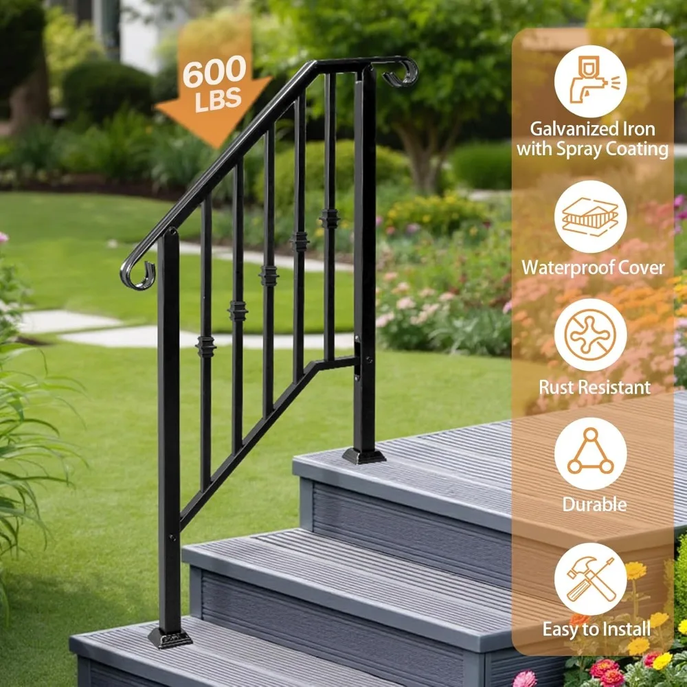 2 Pack 3 Step Handrails for Outdoor Steps,Wrought Iron Stair Railing,Metal Hand Railing with Installation Kit,Staircase Handrail