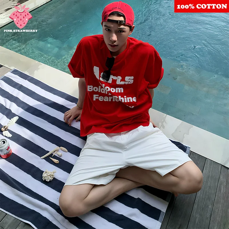 

American style Couple Red T-shirt Men Summer 2025 New 100% Cotton Letter Print Loose short sleeves T-shirt Y2k Top mens clothing