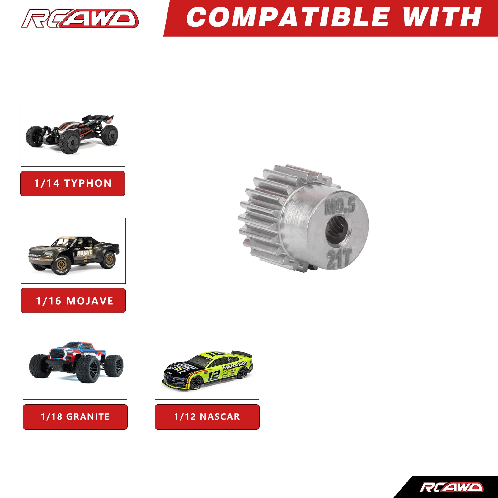 RCAWD for ARRMA 1/14 1/16 GROM MOJAVE TYPHON 21T Pinion Gear MOD0.5 3.2mm Bore Motor Gear Upgrades Parts