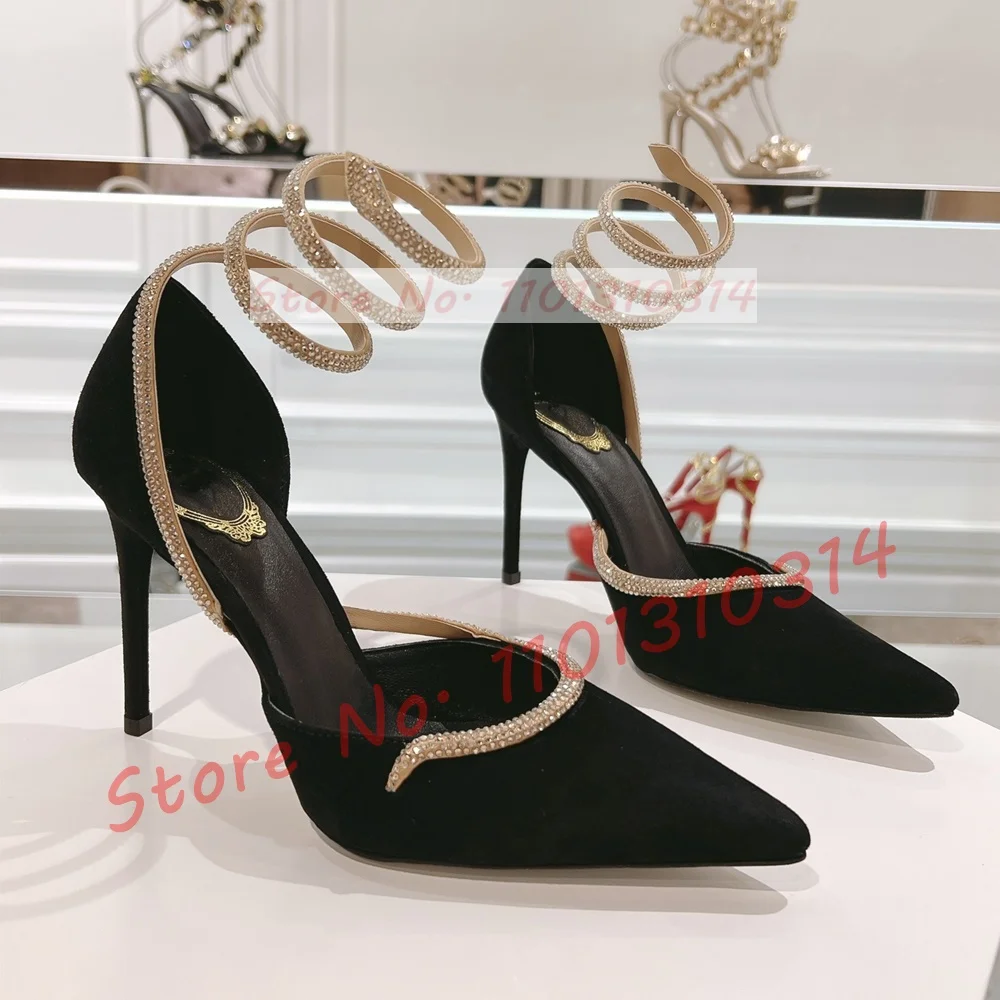 Gold Kristall Schlangen wickel Samt Pumps Damen trend ige elegante schwarze spitze Zehen echte Leders andalen High Heels Abendkleid Schuhe