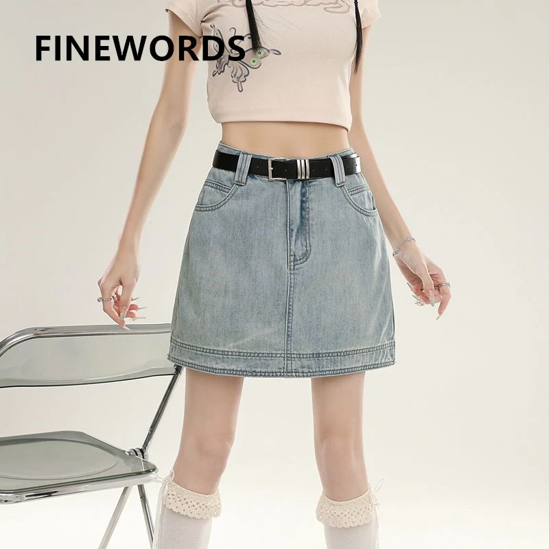 

FINEWORDS корейская повседневная джинсовая юбка с высокой талией женская трапециевидная винтажная юбка в стиле Харадзюку с внутренней подкладкой уличная сексуальная мини-юбка