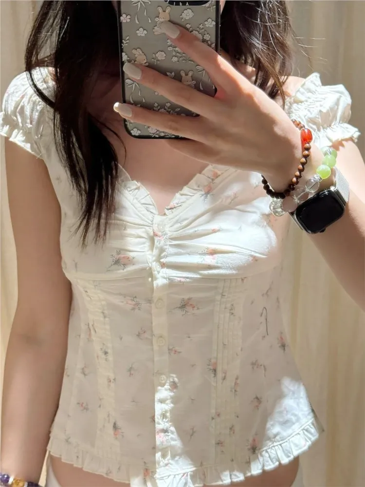 

New Pink Floral Ruffle V-neck T-shirt Blouse Women Summer Slim Single Breasted Puff Sleeve Shirt Female Cotton Sweet Cute Tops