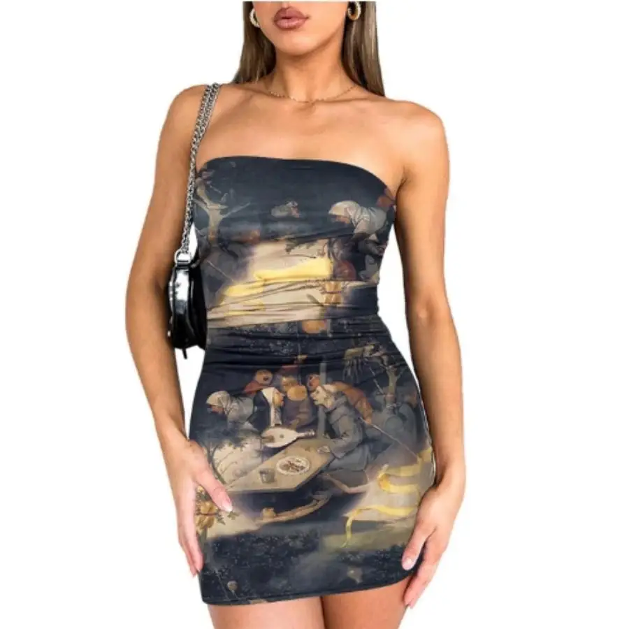 Europe and the United States women\'s spring new trend chest print pleated pullover cover buttock wrap short dress