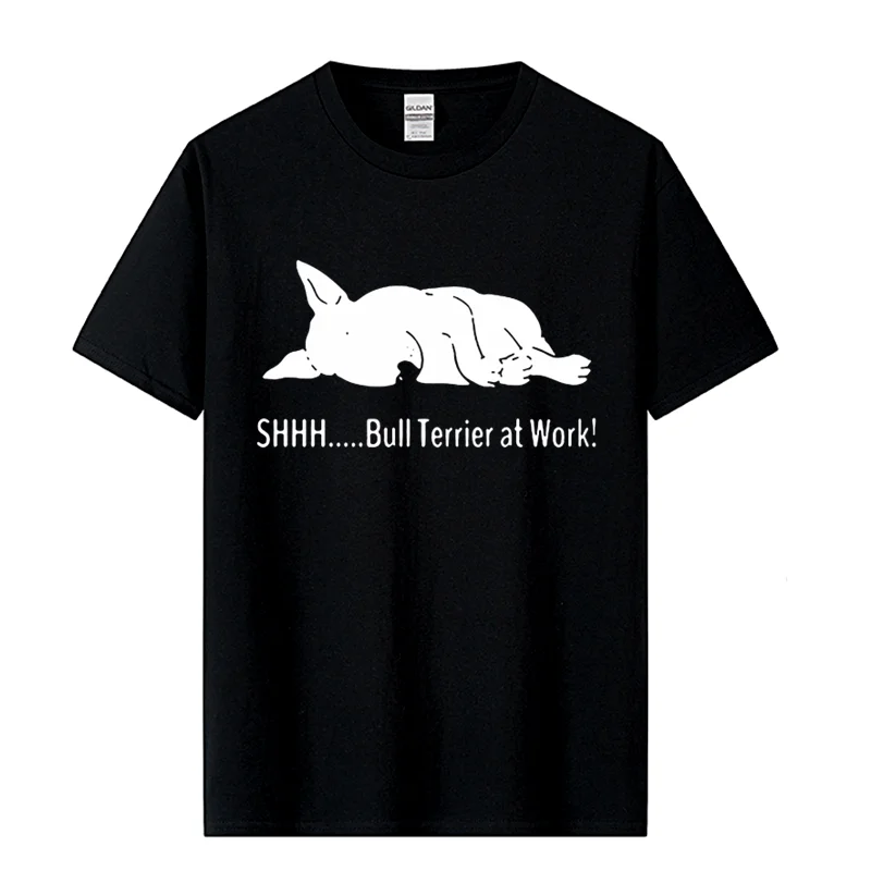 Tee Bull Terrier At Work T Shirts Funny Graphic Fashion New Cotton Short Sleeve O-Neck T-shirt