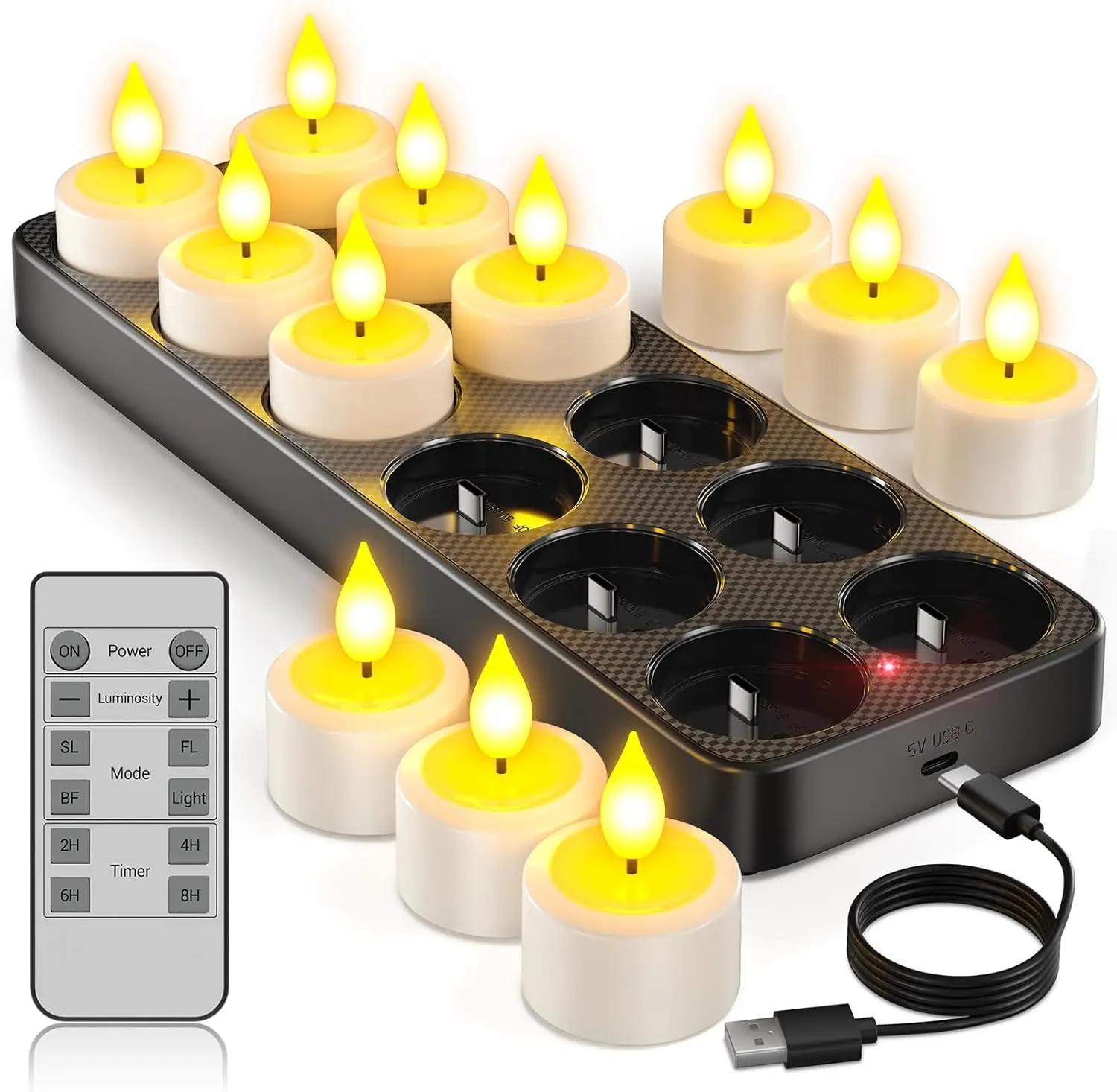 

12-Pack Rechargeable LED Tea Lights with Charger Base & Remote Timer for Halloween, Christmas, Party Decor