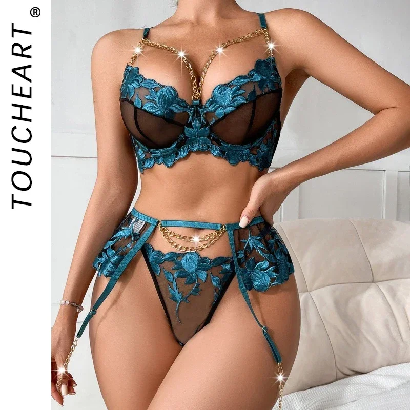 

Toucheart Sexy Lingerie Set for Women Mesh Embroidery Patchwork Sexy See-through Set Exotic Style Sexy Chain Underwear Suit New